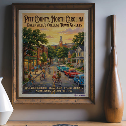 Pitt County, North Carolina poster showing Greenville college town streets with cyclists and classic cars.