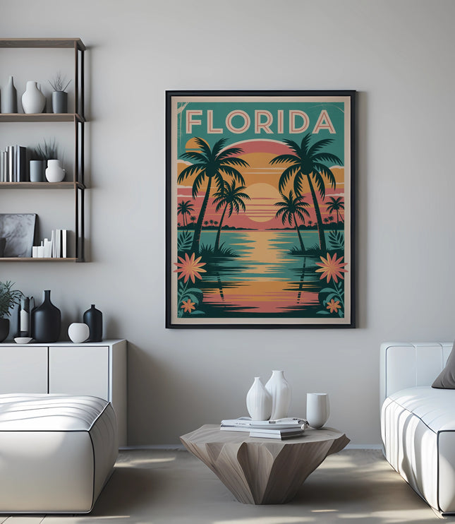 Framed Florida poster with palm trees and sunset over water displayed above a white sofa.