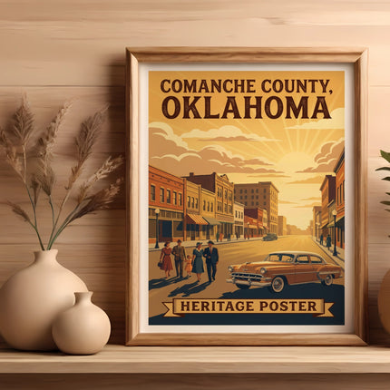 Comanche County, Oklahoma heritage poster featuring a street scene with vintage car.