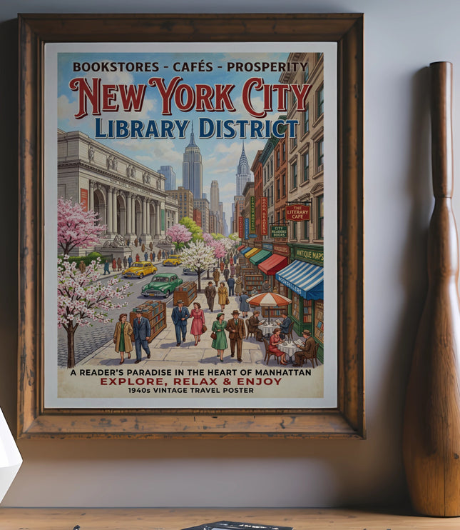 New York City Library District vintage travel poster with people and shops.