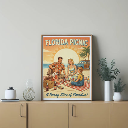 Vintage Florida picnic poster with text "Florida Picnic: A Sunny Slice of Paradise!".
