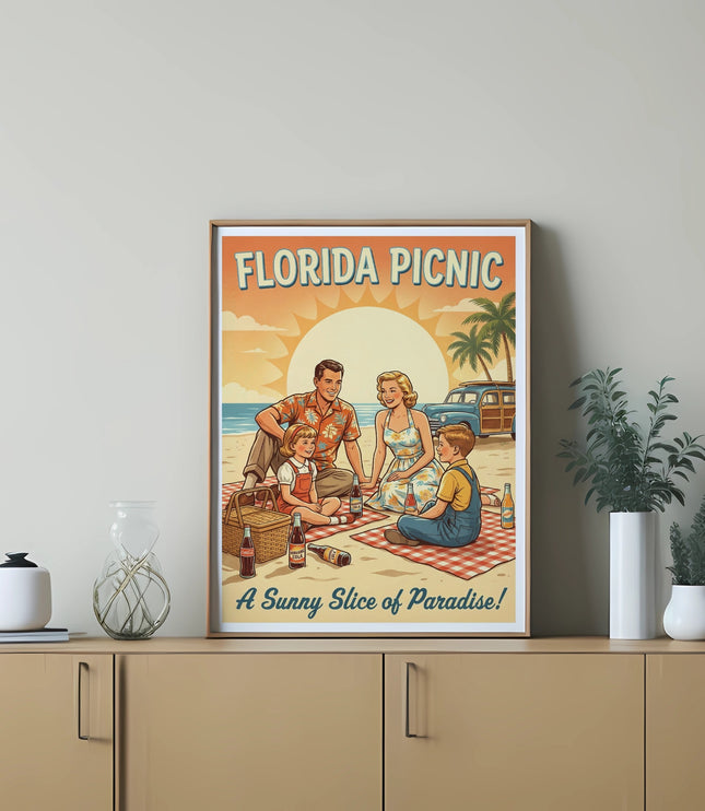 Vintage Florida picnic poster with text "Florida Picnic: A Sunny Slice of Paradise!".