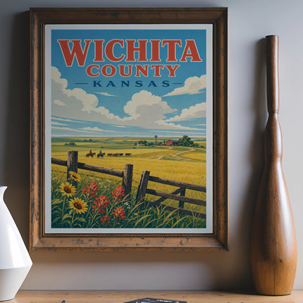 Wichita County, Kansas vintage travel poster featuring farmland and sunflowers.