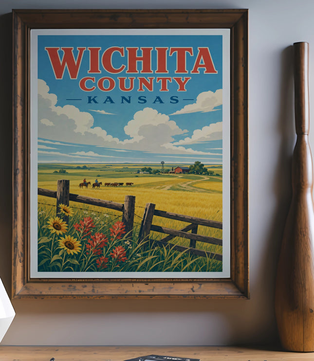 Wichita County, Kansas vintage travel poster featuring farmland and sunflowers.