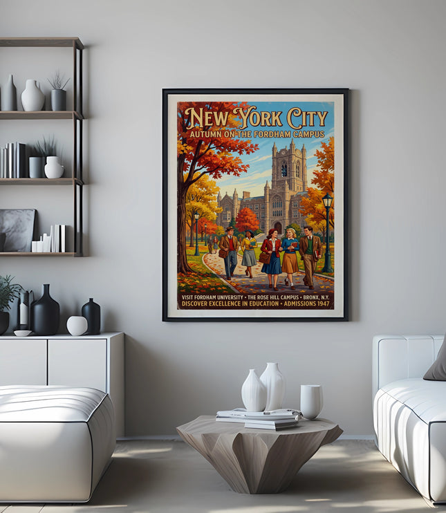 New York City autumn poster featuring Fordham University in Bronx, NY.