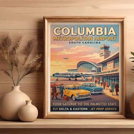 Columbia Metropolitan Airport travel poster featuring vintage airplanes, taxis, and people.