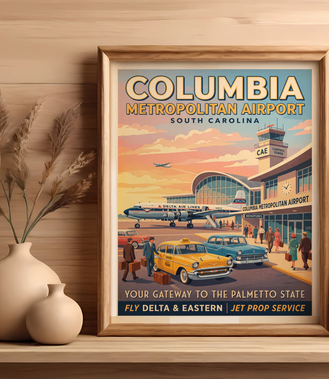 Columbia Metropolitan Airport travel poster featuring vintage airplanes, taxis, and people.