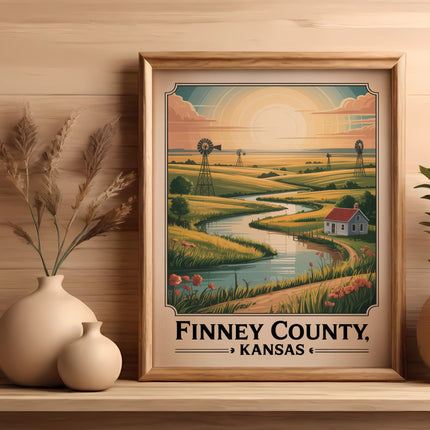 Framed artwork of a Kansas landscape with windmills, river, and farmhouse.