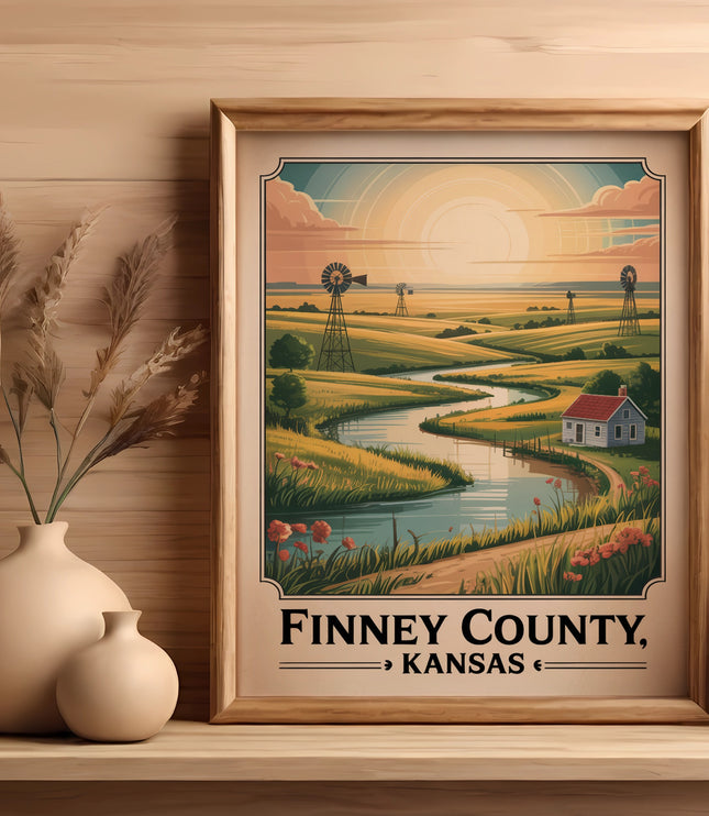 Framed artwork of a Kansas landscape with windmills, river, and farmhouse.