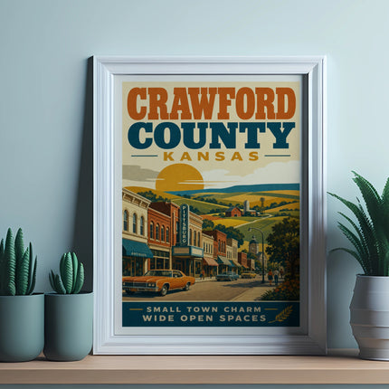 Vintage Crawford County, Kansas poster with small town street scene and sun.
