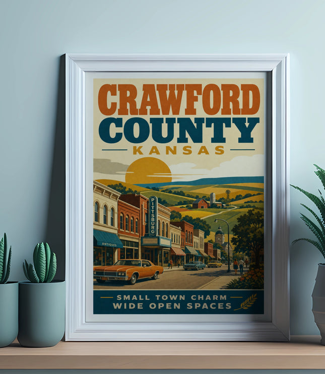 Vintage Crawford County, Kansas poster with small town street scene and sun.