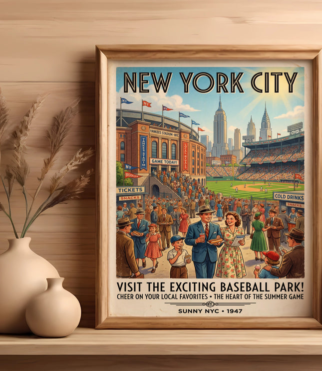 New York City vintage baseball poster for Yankees Stadium with skyline and crowds.