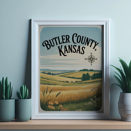 Butler County, Kansas vintage poster with fields and compass rose.