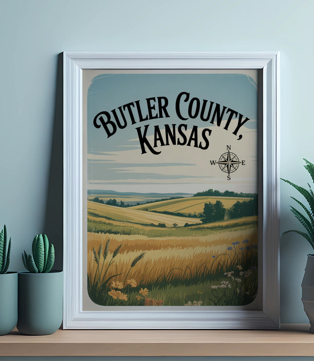 Butler County, Kansas vintage poster with fields and compass rose.