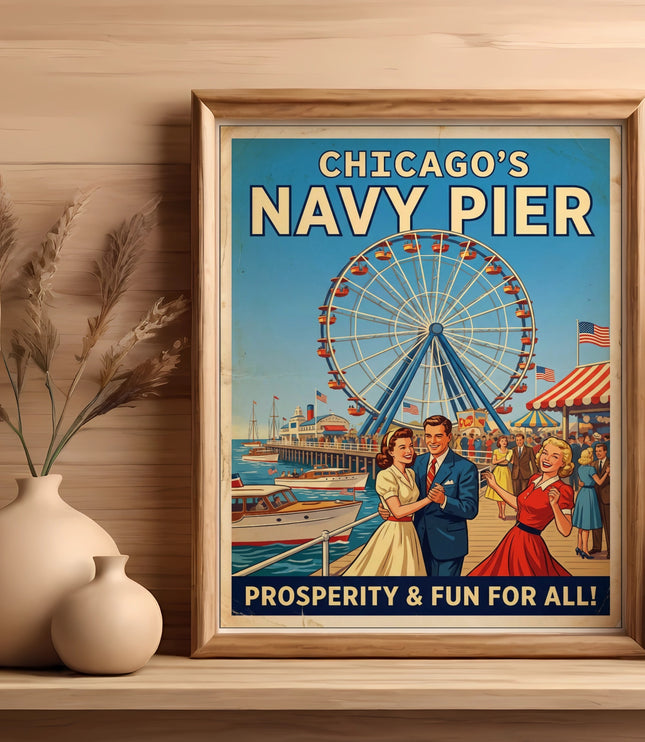 Chicago's Navy Pier vintage travel poster with Ferris wheel and dancing couples.