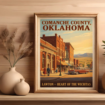 Retro poster of Comanche County, Oklahoma, featuring Lawton and a vintage car.