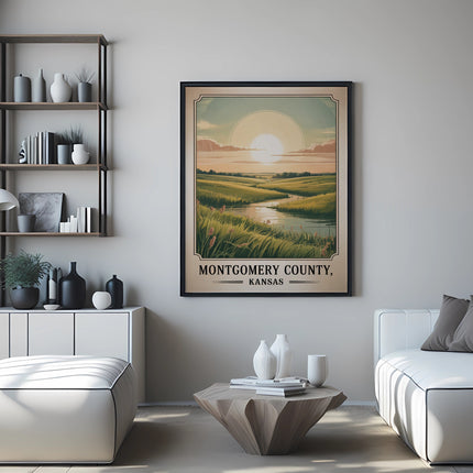 Montgomery County, Kansas poster on wall above coffee table between two white sofas.