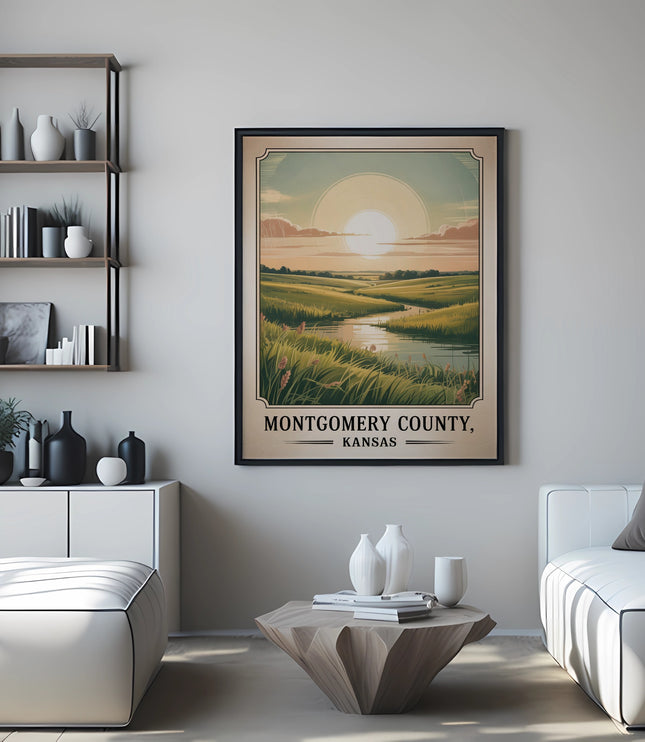 Montgomery County, Kansas poster on wall above coffee table between two white sofas.