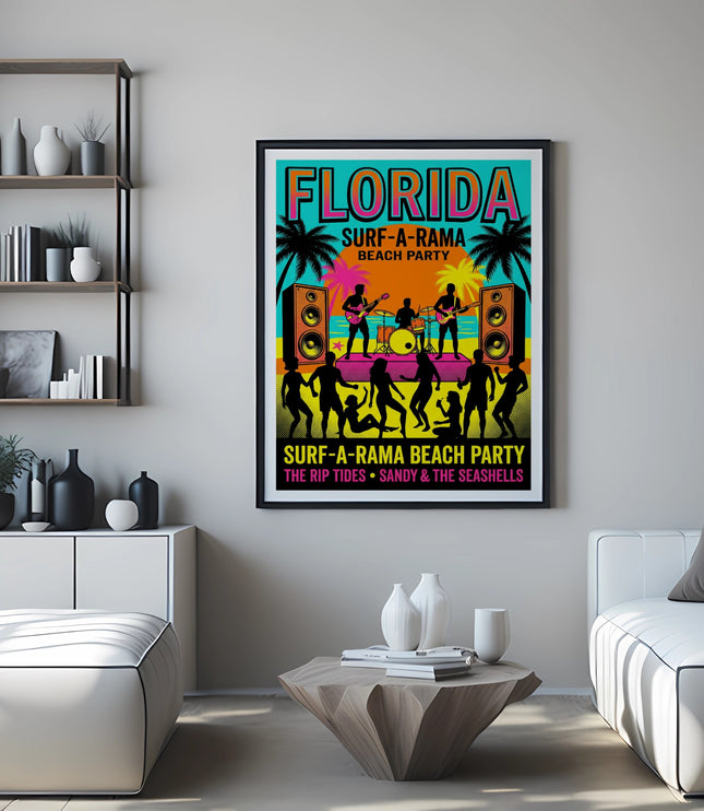 Florida Surf-a-Rama Beach Party poster with band, crowd, and beach scene.