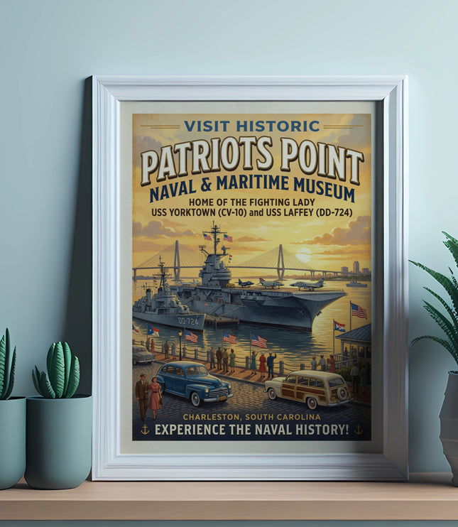 Historic Patriots Point Naval & Maritime Museum poster with USS Yorktown and USS Laffey.