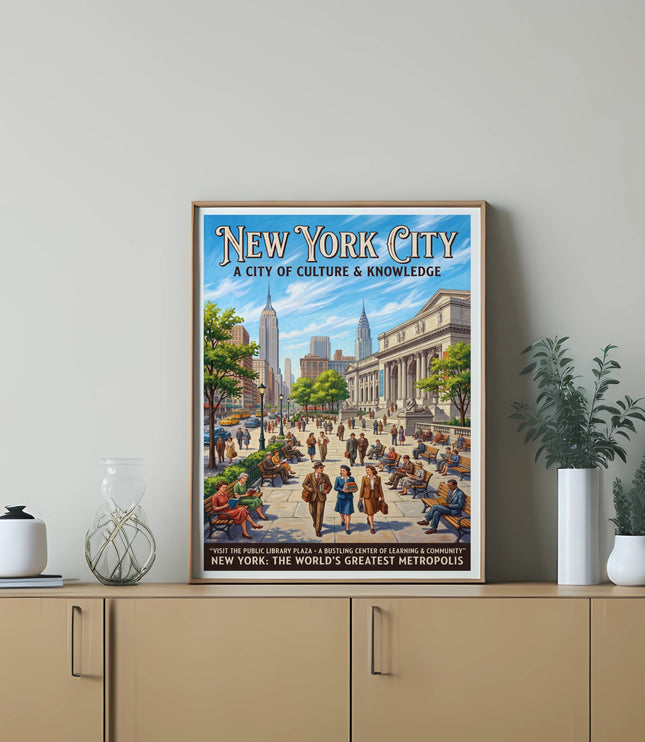 New York City poster showing Empire State Building and library plaza, text reads "New York City".