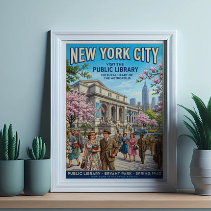New York City Public Library poster with people and buildings.