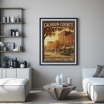 Vintage poster of Calhoun County Michigan historic street with Marshall Cafe sign.