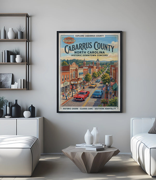 Retro poster of Cabarrus County, North Carolina's historic downtown Concord.