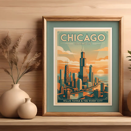 Vintage art print of Chicago skyline with "CHICAGO ILLINOIS" and "WILLIS TOWER & THE WINDY CITY".