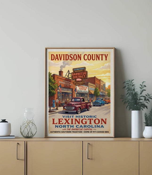 Davidson County Lexington North Carolina vintage-style poster with trucks and barbecue signs.
