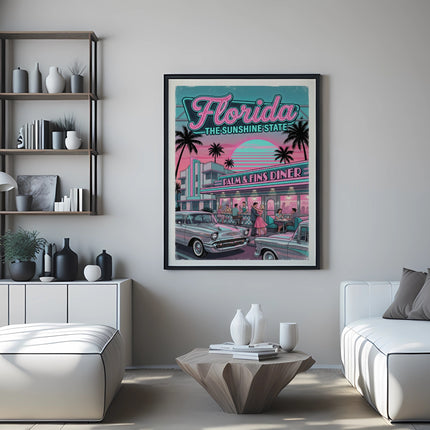 Retro Florida Sunshine State poster featuring palm trees and vintage cars at a diner.