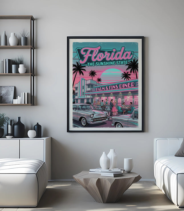 Retro Florida Sunshine State poster featuring palm trees and vintage cars at a diner.