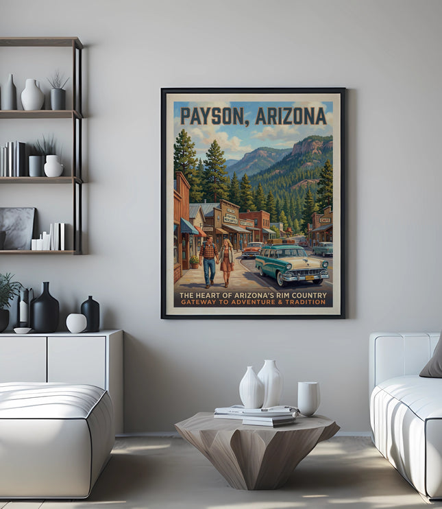 Payson, Arizona vintage travel poster of a street scene with mountains.
