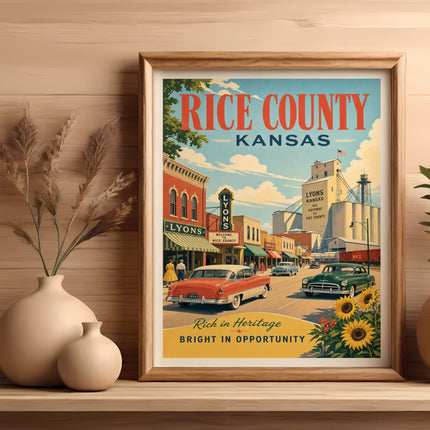 Vintage poster of Lyons, Kansas, featuring classic cars and a town scene.