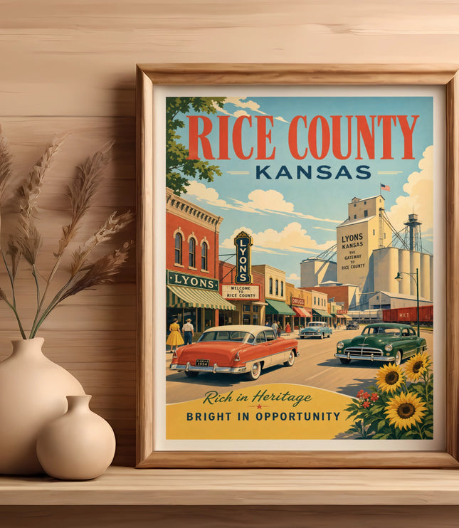 Vintage poster of Lyons, Kansas, featuring classic cars and a town scene.