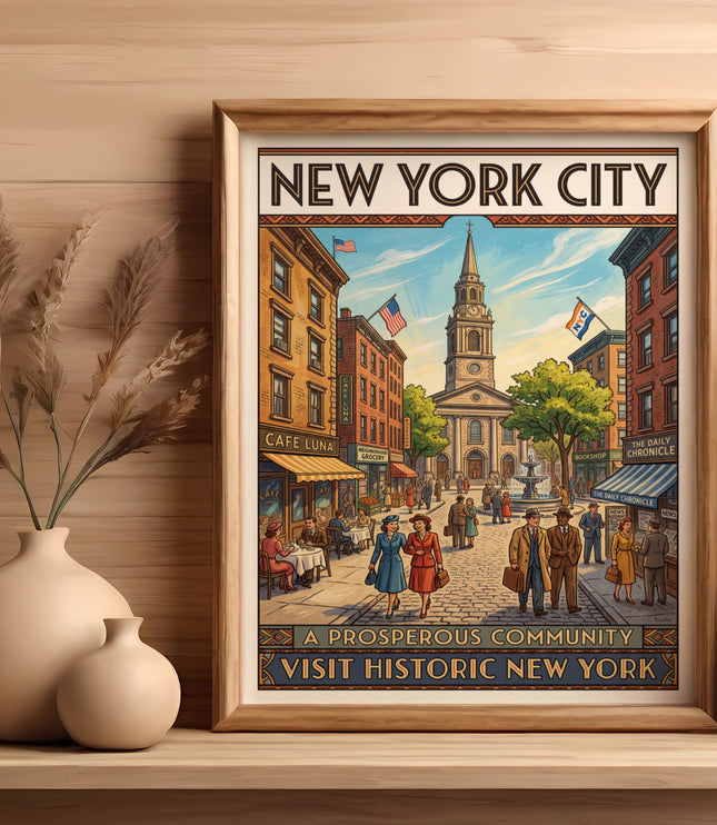 New York City illustration with text "A Prosperous Community Visit Historic New York".