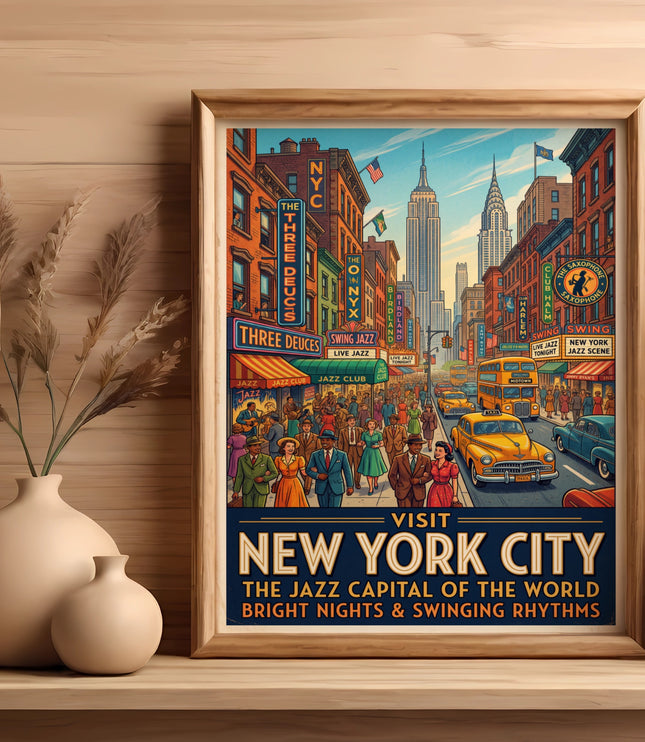 New York City jazz scene poster with Empire State Building and vintage cars.