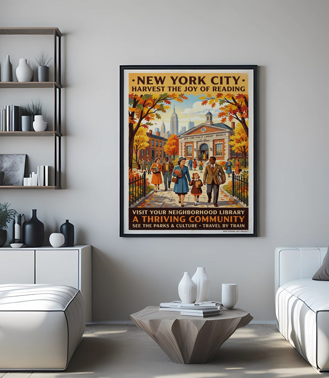 New York City library poster with people walking past library in autumn.