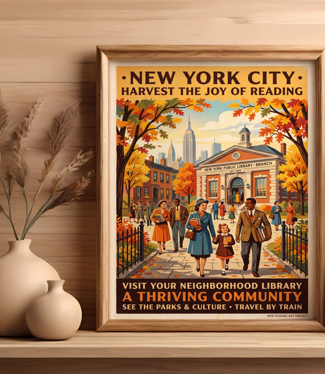New York City Library poster featuring families in autumn, "Harvest the Joy of Reading."