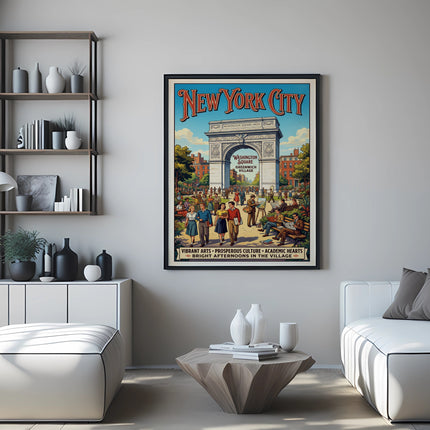 New York City poster featuring Washington Square Arch, people, and text about Greenwich Village.