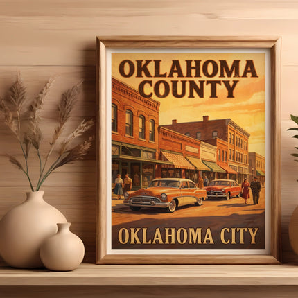 Vintage poster of Oklahoma County and Oklahoma City showing classic cars.