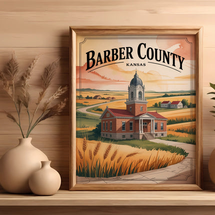 Framed artwork of Barber County, Kansas courthouse and landscape.