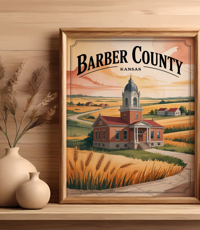 Framed artwork of Barber County, Kansas courthouse and landscape.