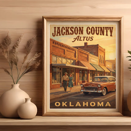 Jackson County Altus Oklahoma retro poster, couple walking, vintage car.