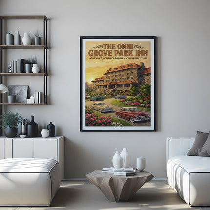 Framed "The Omni Grove Park Inn" art with a vintage hotel scene and vintage cars.