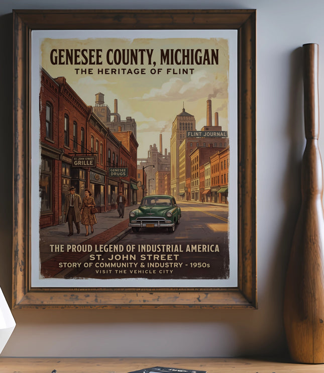 Genesee County, Michigan poster reads "Heritage of Flint" and features 1950s St. John Street.