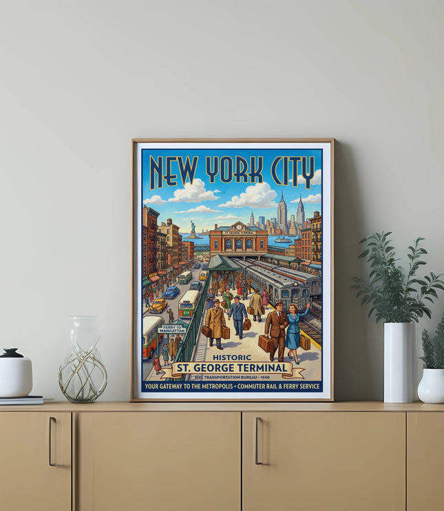 New York City St. George Terminal historic poster, commuter rail and ferry service.