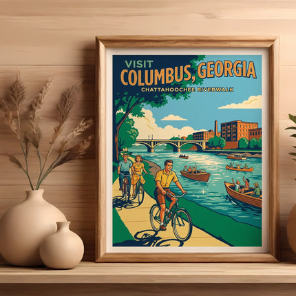 Vintage "Visit Columbus, Georgia" poster with people cycling and boating.