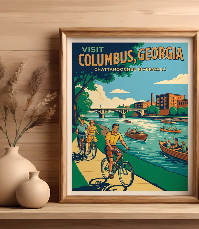 Vintage "Visit Columbus, Georgia" poster with people cycling and boating.