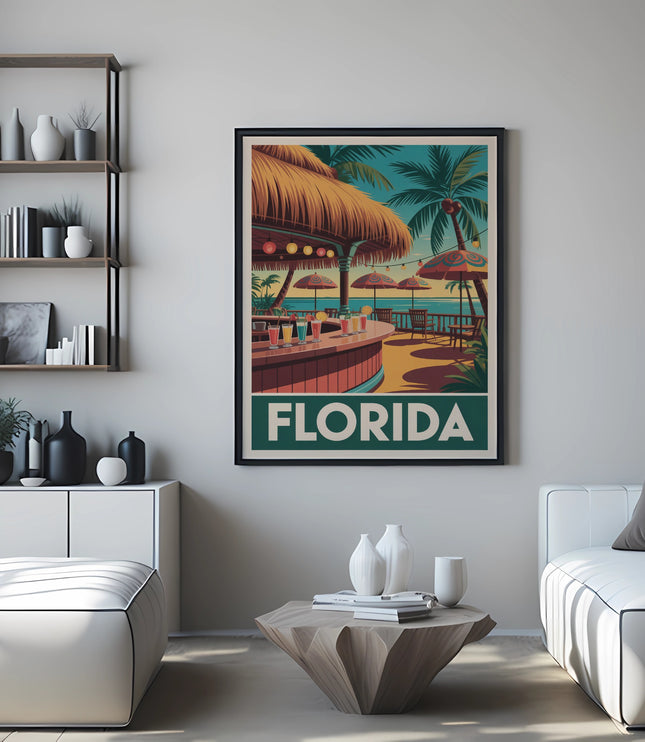 Florida travel poster featuring a beach bar scene with palm trees and a thatched roof.